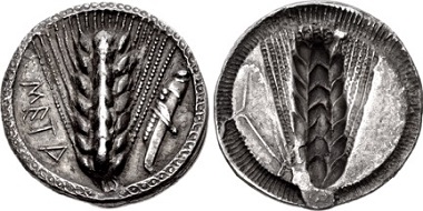 Lot 18. Lucania, Metapontion. Nomos, circa 540-510 BC. From the Gasvoda Collection. Near EF, toned, die breaks on reverse (diagnostic for die). Estimated at $20,000.