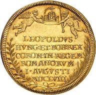 No. 120: Frankfurt. 3 ducats 1658 in celebration of the coronation of Leopold I as Roman emperor in Frankfurt. Very rare. Extremely fine to FDC. Estimate: 7,500 euros. Price realized: 24,000 euros.