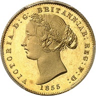 No. 869: Australia. Victoria, 1837-1901. Sovereign 1855, London. Trial piece. Probably only three privately-owned specimens. Proof. Estimate: 125,000 euros. Price realized: 140,000 euros.
