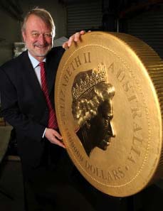 Perth Mint Chief Executive Officer, Ed Harbuz, presents the worlds biggest, heaviest, and most valuable gold bullion coin in the world.