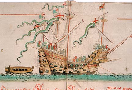 Illustration of the carrack Mary Rose by Anthony Anthony as reproduced in The Anthony Roll of Henry VIII's Navy: Pepys Library 2991 and British Library Additional MS 22047 With Related Documents. Source: Wikipedia.