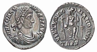 Magnus Maximus (383-388). Siliqua, Trier, 383-388. Draped bust wearing pearl diadem. Rv. Roma seated facing with globe and spear. RIC 84b. From Künker sale 115 (2006), 856.