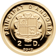 Andorra, 2 diners, 2012, gold .9999, 1/25 oz., 13.92 mm, Mintage: 5,000.