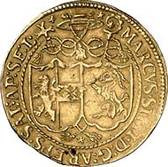 SALZBURG. Marcus Sitticus II of Hohenems, 1612-1619. Gold gulden 1619. Shield of diocese and family under legate hat. Rev. Standing Saint Rupert. Probszt 946. From auction sale Numismatik Lanz 127 (2005), 332.