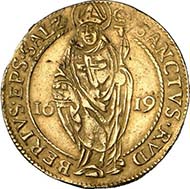 SALZBURG. Marcus Sitticus II of Hohenems, 1612-1619. Gold gulden 1619. Shield of diocese and family under legate hat. Rev. Standing Saint Rupert. Probszt 946. From auction sale Numismatik Lanz 127 (2005), 332.