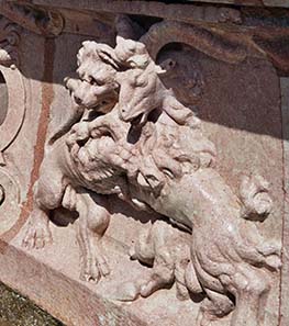 Capricorne and lion in a close embrace. Detail from the garden of Hellbrunn Castle.