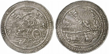 Commemorative coin valued at a double taler issued on the occasion of the translation of the remains of the Swedish king Gustav Adolf fallen in the Thirty Years' War. From Künker 206 (2012), 5407.
