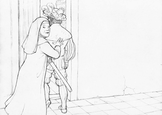 1512. Katherina of Zimmern abbess of the Fraumünsterabtei hides the commander of the Zurich squad captain Jakob Stapfer in her cell. Drawn by Dani Pelagatti / Atelier bunterhund. Copyright MoneyMuseum Zurich.