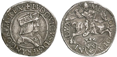 Louis XII as Ludovico XII of Orléans, Duke of Milan, 1500-1512. Testone undated, Crippa 3/A. From Künker auction 183 (2011) 1799.