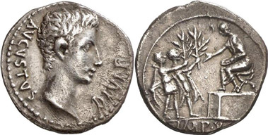 Augustus. Denarius, Lugdunum, 15 B. C. RIC 165a. From auction Gorny & Mosch 170 (2008), 1916.