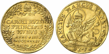 Venice. Gold osella 1734. From Künker auction 221 (2012), estimated at: 2,000 euros, hammer price: 3,000 euros.