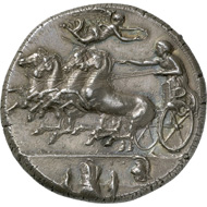 Syracuse (Sicily). Dekadrachm, 400-395 BC. A work by the engraver Euainetos, whose signature can be identified in the neck section below the dolphin.
