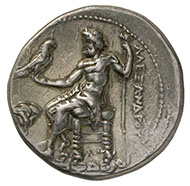 Alexander III, King of Macedonia (336?323 BC). Drachm, Sardis, 332-323 BC. Head of Heracles with lion scalp, facing right. Rev. Zeus upon his throne, facing left, an eagle upon his outstretched right hand; in the left field, the mint mark kantharos. © MoneyMuseum, Zurich.